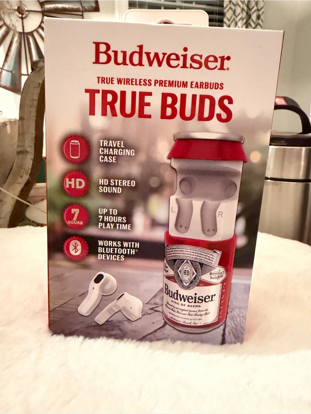 Budweiser True Buds Wireless Earbuds in Red and White Packaging